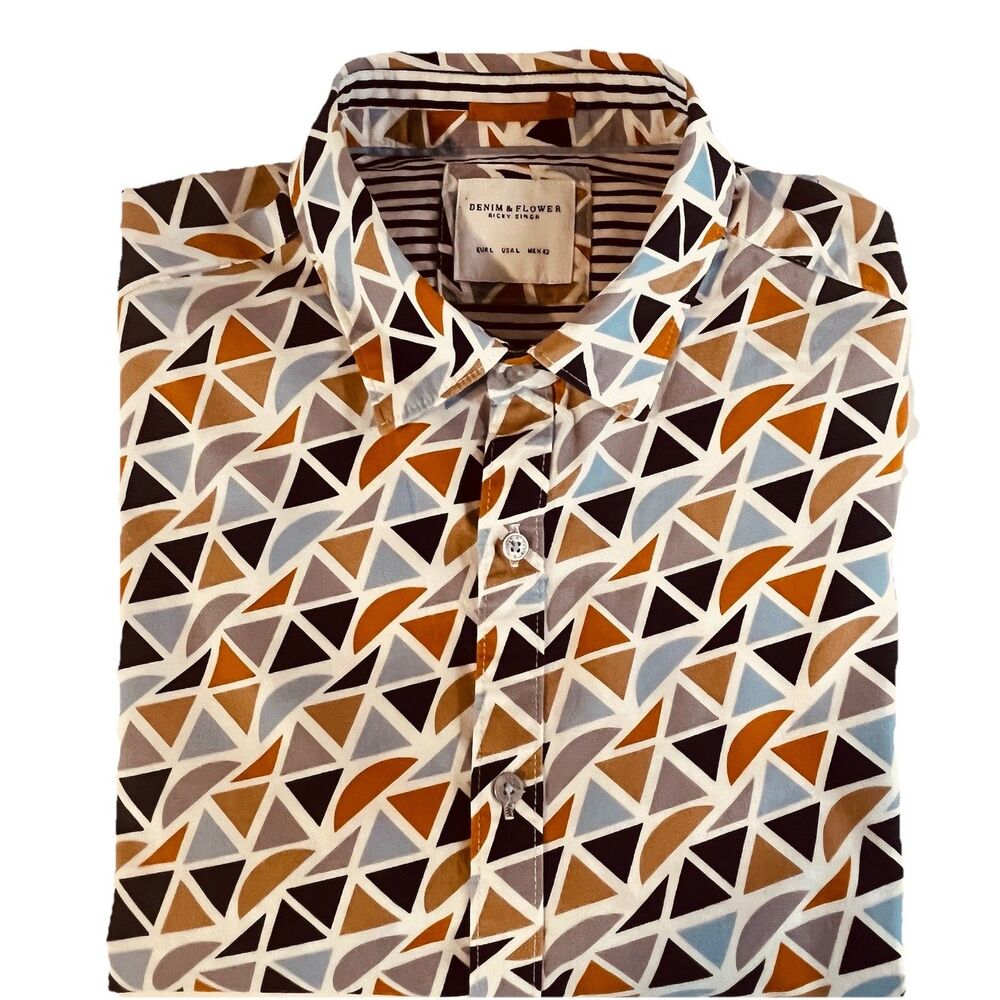 Denim & Flower Ricky Singh Men’s Short Sleeves Cotton Geometric Pattern Large